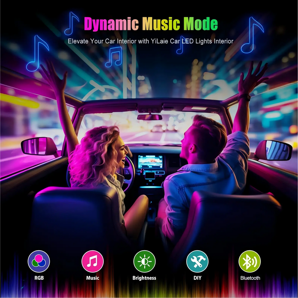 YiLaie DC 12V Cigarette Lighter Car Interior LED Lights, 3‑Key Wired Controller & App