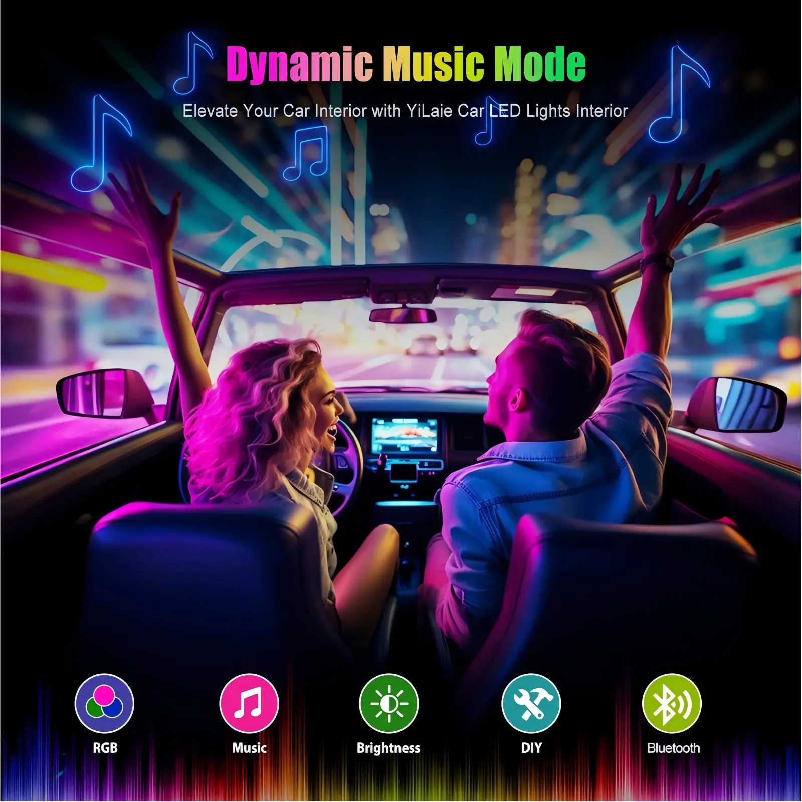 YiLaie DC 12V Cigarette Lighter Car Interior LED Lights, 3‑Key Wired Controller & App