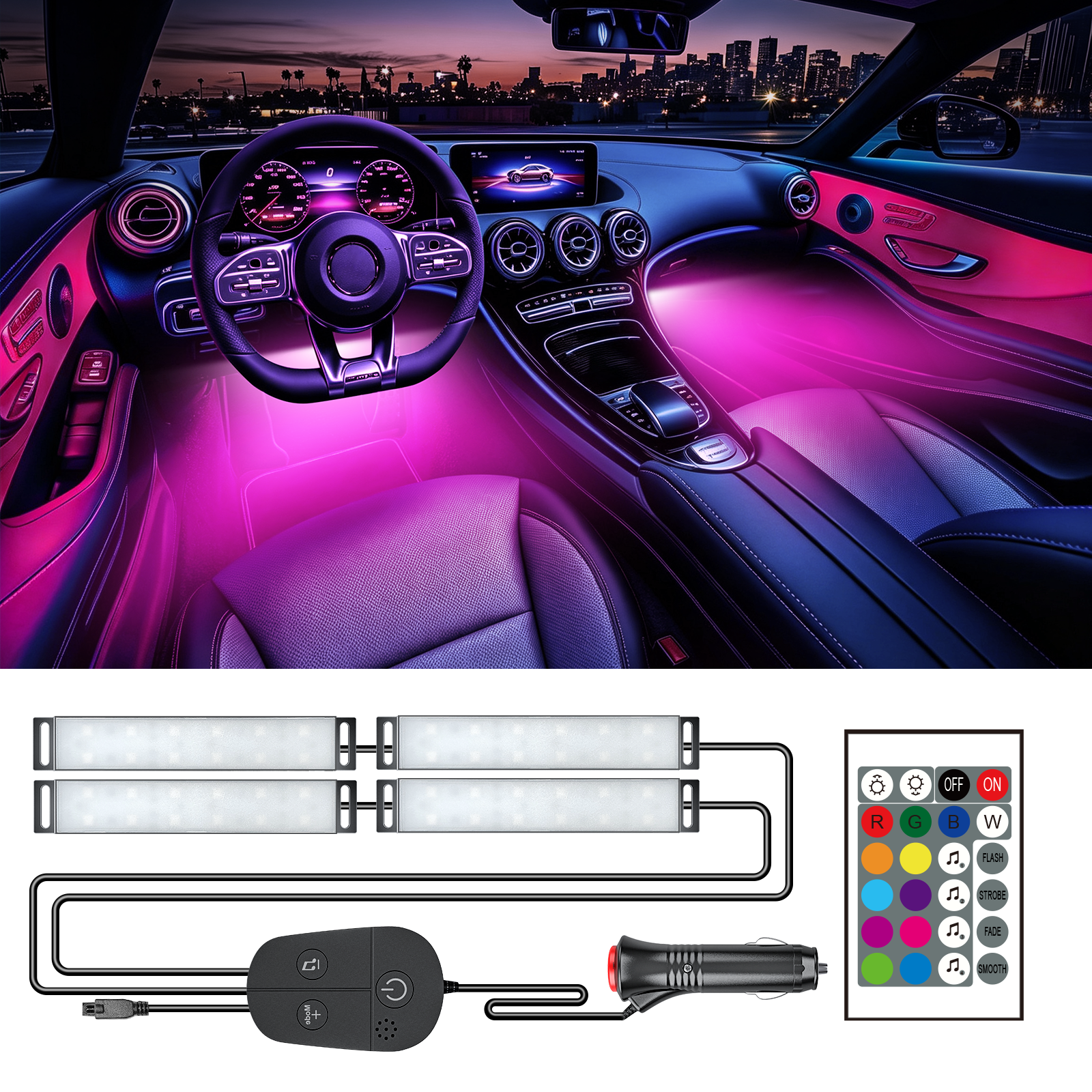 YiLaie DC 12V,Cigarette Lighter Car Interior LED Lights, 3 Buttons & Remote Control Music Sync