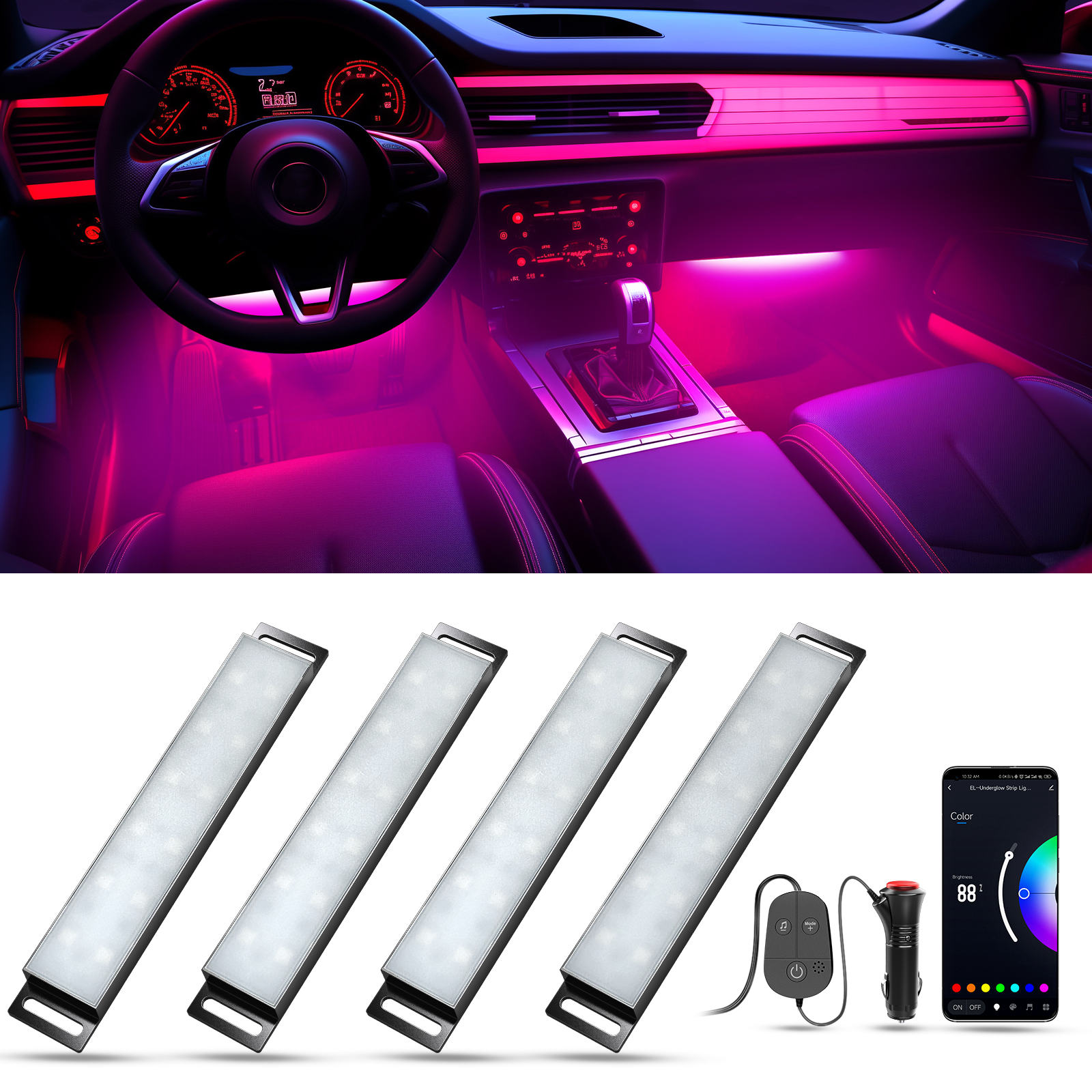 YiLaie DC 12V Cigarette Lighter Car Interior LED Lights, 3‑Key Wired Controller & App
