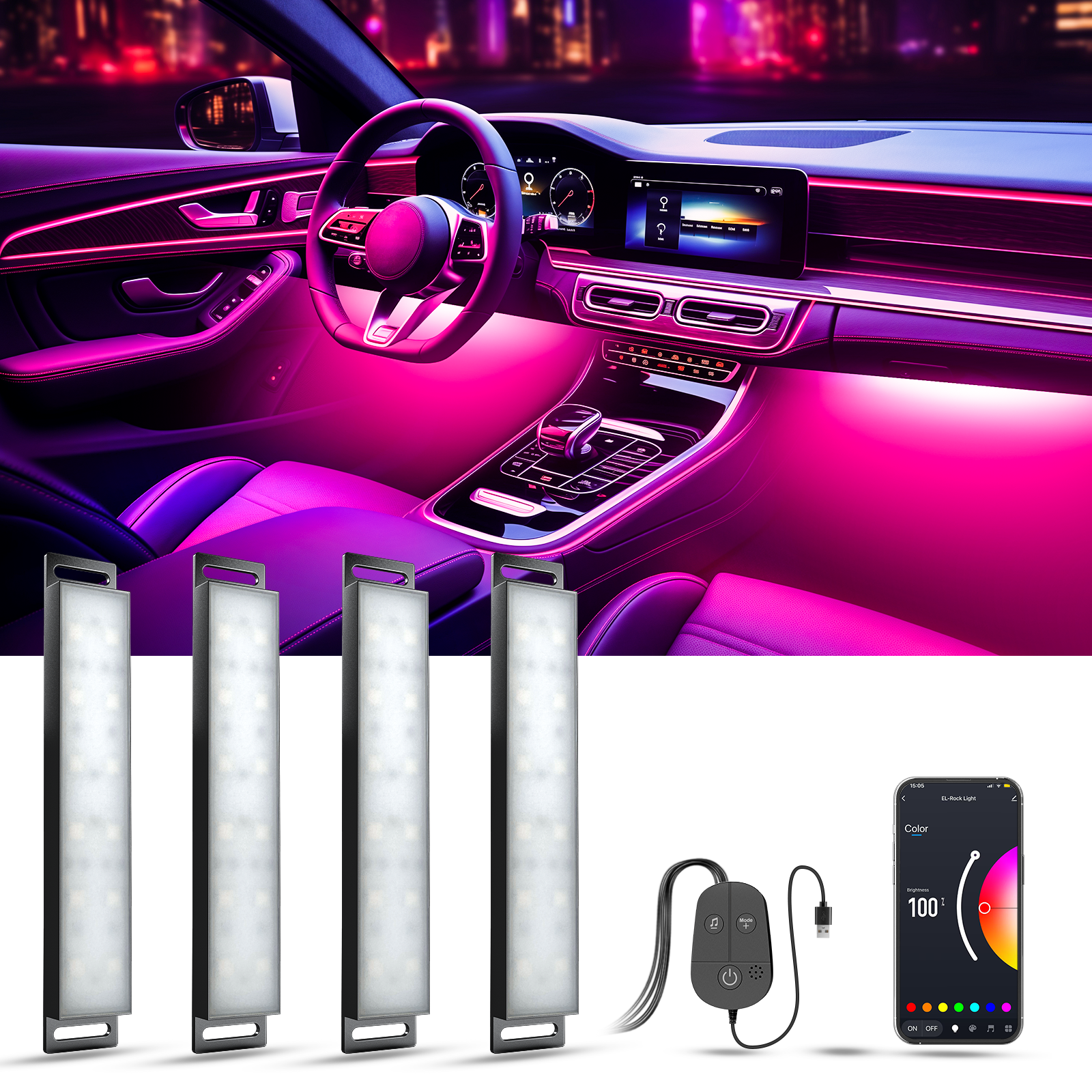 YiLaie DC 5V USB RGB Car LED Lights, App & 3‑Key Wired Controller, Music Sync