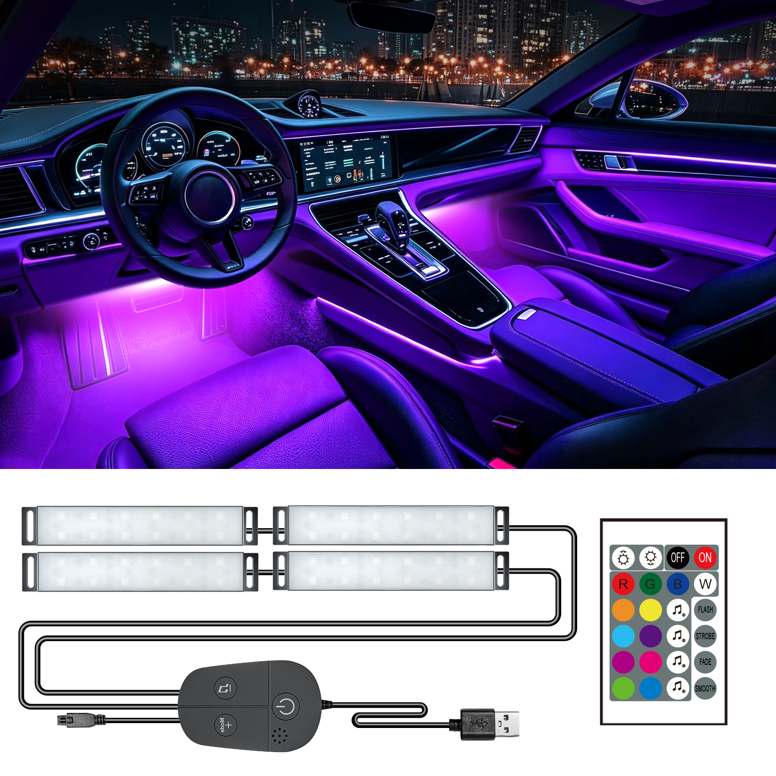 YiLaie  DC 5V ,USB  Car Interior LED Lights, 3 Buttons & Remote Control Music Sync