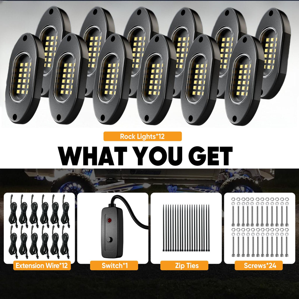YiLaie 12 PCS LED Rock Light Pods, 12V , 6000K Pure White Lights