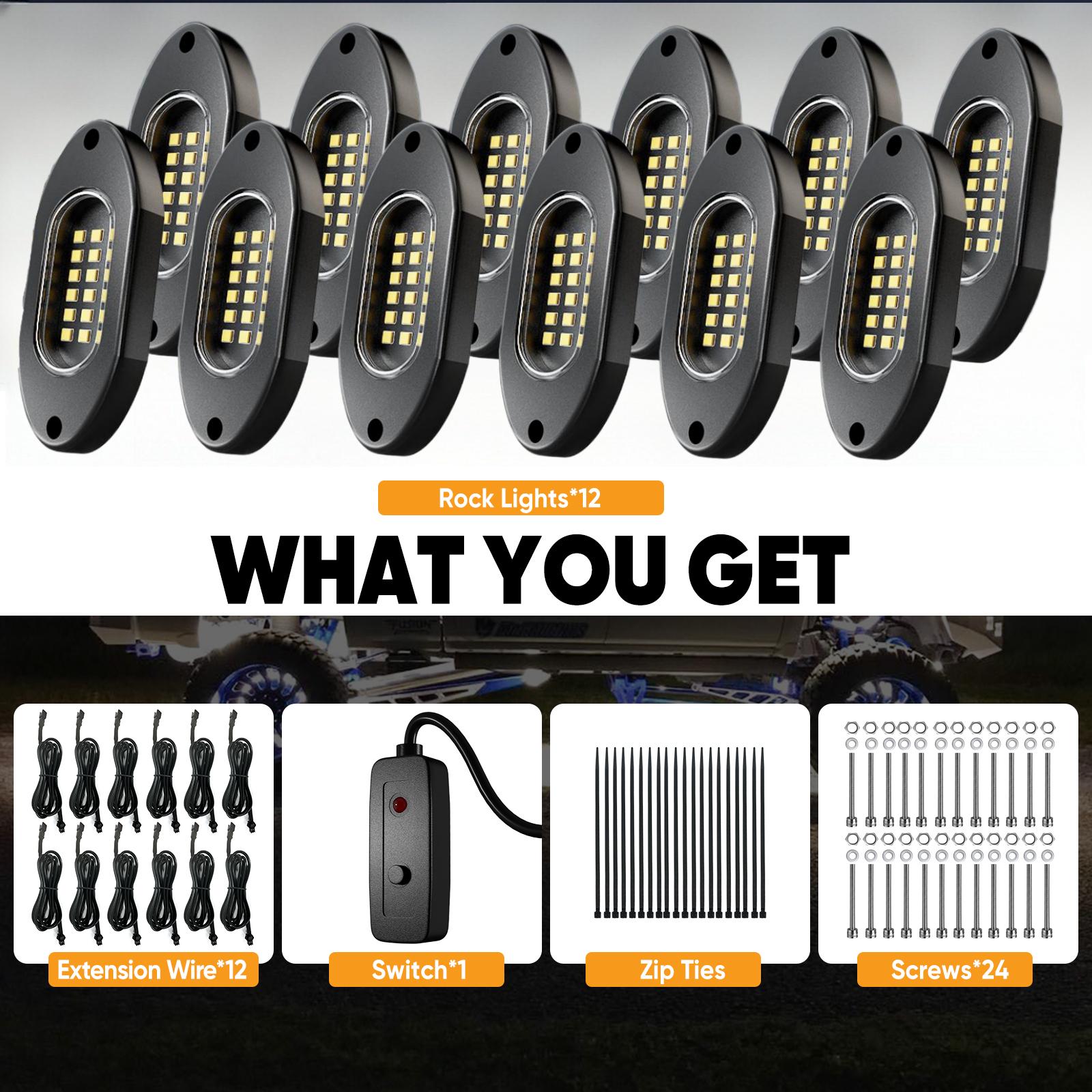YiLaie 12 PCS LED Rock Light Pods, 12V , 6000K Pure White Lights