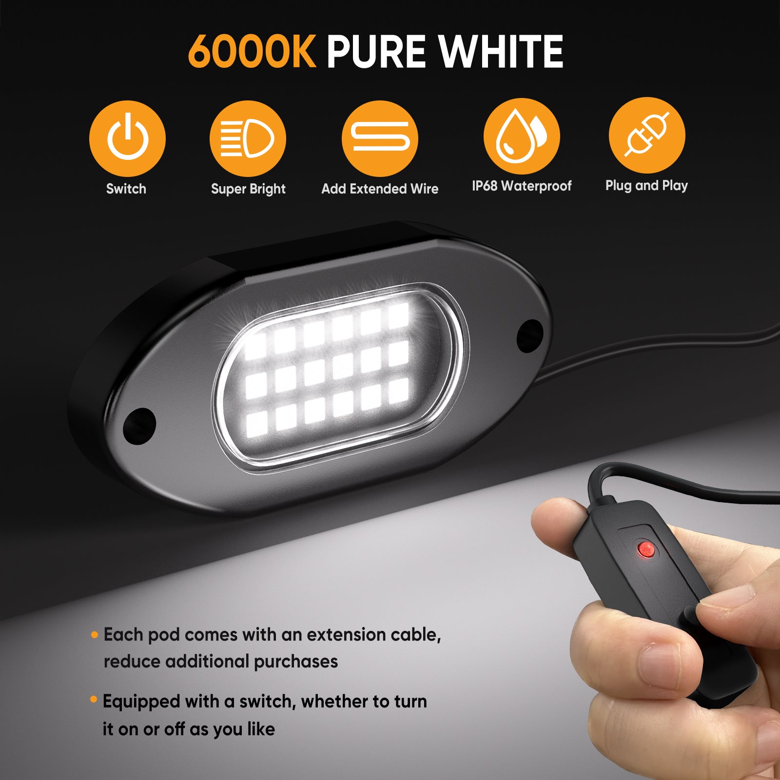 YiLaie 8 PCS LED Rock Light Pods, 12V , 6000K Pure White Lights
