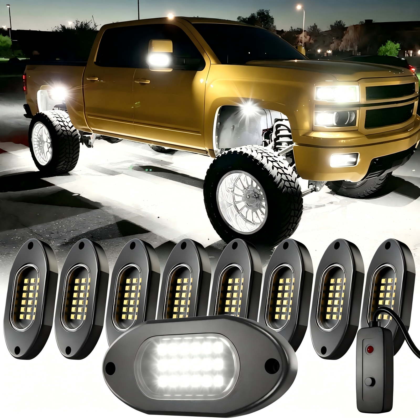 YiLaie 8 PCS LED Rock Light Pods, 12V , 6000K Pure White Lights